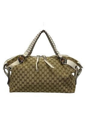 GUCCI GG Bamboo Dark Brown Beige White Jacquard Leather Handbag bran561-100625